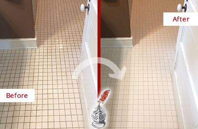Before and After Picture of a Greater Sun Center Bathroom Floor Sealed to Protect Against Liquids and Foot Traffic