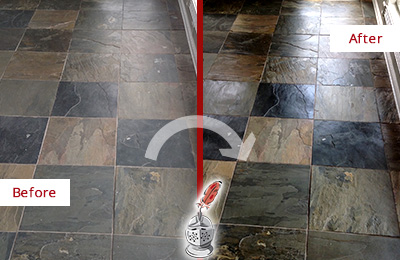 Sir Grout Seals this Dull Bloomingdale Slate Floor to Bring Back Its Colors Before and After Picture of a Dull Bloomingdale Slate Floor Sealed to Bring Back Its Colors