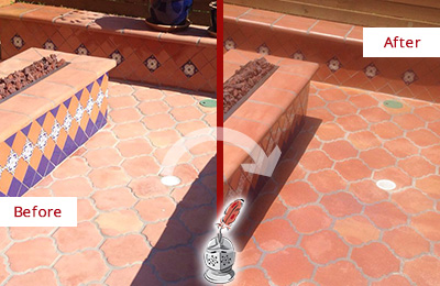Sir Grout Seals this Dull Bloomingdale Terracotta Patio Floor For UV Protection Before and After Picture of a Dull Bloomingdale Terracotta Patio Floor Sealed For UV Protection