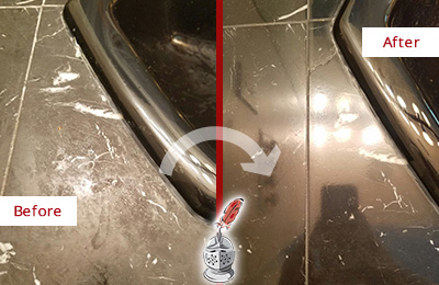 Before and After Picture of a Bassett Creek Marble Countertop Cleaned to Remove Deep Dirt