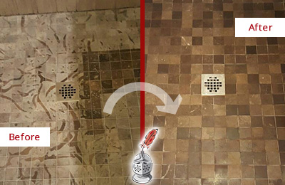 Sir Grout Cleans this Stained Wesley Chapel Shower Marble Floor to Remove Etch Marks Before and After Picture of a Stained Wesley Chapel Marble Shower Floor Cleaned to Remove Etching