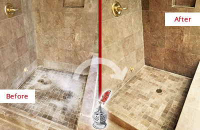 Sir Grout Cleans this Wesley Chapel Travertine Shower to Eliminate Water Spots Before and After Picture of a Wesley Chapel Travertine Shower Cleaned to Eliminate Water Spots