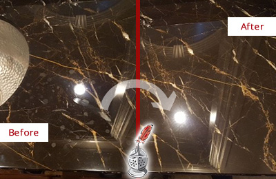 Sir Grout Cleans this Wesley Chapel Marble Countertop to Remove Water Spots Before and After Picture of a Wesley Chapel Marble Countertop Cleaned to Remove Water Spots