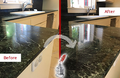 Sir Grout Seals the Stone of this Riverview Granite Kitchen Countertop For Extra Protection Before and After Picture of a Riverview Granite Kitchen Countertop Stone Sealed For Extra Protection
