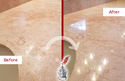 Sir Grout Seals this Riverview Marble Stone Vanity Top to to Avoid Water Marks Before and After Picture of a Riverview Marble Stone Vanity Top Sealed to Avoid Water Marks