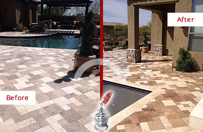 Sir Grout Seals the Stone of this Riverview Travertine Patio Stone for Extra Protection Before and After Picture of a Riverview Travertine Patio Sealed Stone for Extra Protection