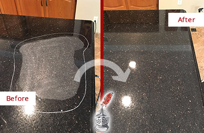 Sir Grout Hones this Safety Harbor Granite Kitchen Countertop to Eliminate Scratch Before and After Picture of a Safety Harbor Granite Kitchen Countertop Honed to Eliminate Scratch