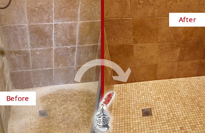 Before and After Picture of a Holiday Travertine Shower Honed to Remove Mineral Deposits