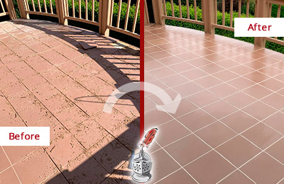 Before and After Picture of a Hunter's Green Hard Surface Restoration Service on a Tiled Deck