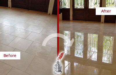 Sir Grout Restored This New Tampa Dull Travertine Floor to Recover Its Splendor with a Stone Polishing Service Before and After Picture of a New Tampa Hard Surface Restoration Service on a Dull Travertine Floor Polished to Recover Its Splendor