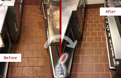 Before and After Picture of a Cross Creek Hard Surface Restoration Service on a Restaurant Kitchen Floor to Eliminate Soil and Grease Build-Up