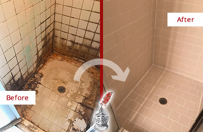 Sir Grout Restored This New Tampa Tile Bathroom to Repair Water Damage Before and After Picture of a New Tampa Hard Surface Restoration Service on a Tile Bathroom to Repair Water Damage