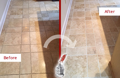 Sir Grout Cleans this Indian Rocks Beach Kitchen Floor's Grout to Recover Its Color Before and After Picture of Indian Rocks Beach Kitchen Floor Grout Cleaned to Recover Its Color