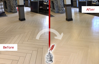 Sir Grout Cleans the Grout on this Indian Rocks Beach Lobby Floor Before and After Picture of a Indian Rocks Beach Lobby Floor Cleaned to Even the Grout Color
