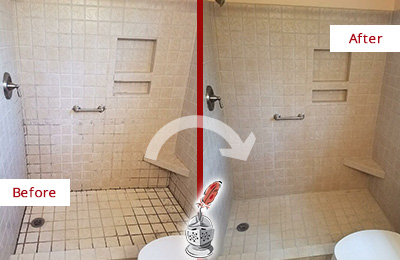 Before and After Picture of a Hunter's Green Shower Grout Cleaned to Remove Mold