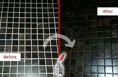 Sir Grout Recolored the Grout of this North Redington Beach Black Tile Floor Before and After Picture of a North Redington Beach Black Floor with Recolored Grout