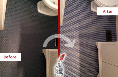 Sir Grout Recolors the Grout on this North Redington Beach Blue Tile Floor Before and After Picture of a North Redington Beach Blue Tile Floor Recolored Grout