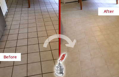 Sir Grout Recolors this North Redington Beach Kitchen Tile Floor's Grout Before and After Picture of a North Redington Beach Kitchen Tile Floor with Recolored Grout