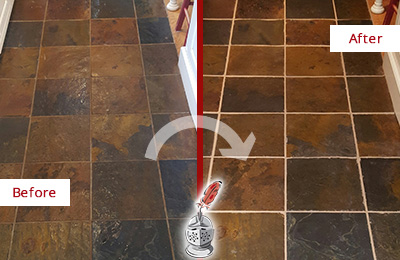 Sir Grout Recolors the Grout of this North Redington Beach Slate Floor Before and After Picture of a North Redington Beach Slate Floor Recolored Grout
