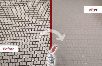 Sir Grout Recolors the Grout of this North Redington Beach White Mosaic Tile Before and After Picture of a North Redington Beach White Mosaic Tile Recolored Grout