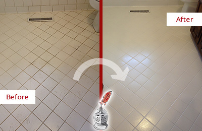 Before and After Picture of a Trinity White Bathroom Floor Grout Sealed for Extra Protection