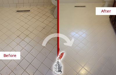 Sir Grout Seals the Grout of this Gulfport White Bathroom Floor for Extra Protection Before and After Picture of a Gulfport White Bathroom Floor Grout Sealed for Extra Protection