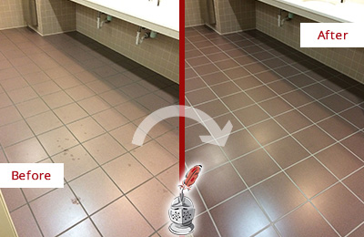 Sir Grout Seals the Grout on this Gulfport Office Restroom to Refresh Its Look Before and After Picture of Dirty Gulfport Office Restroom with Sealed Grout