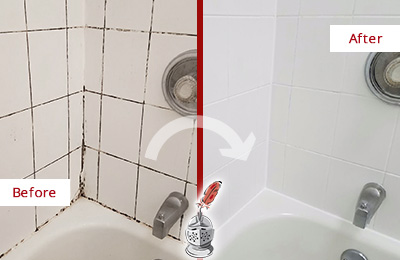 Sir Grout Seals the Grout to Eliminate Mold from this Gulfport Tub Before and After Picture of a Gulfport Tub with Sealed Grout to Eliminate Mold