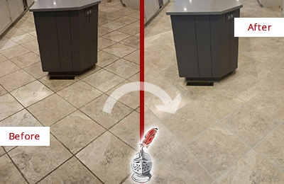 Sir Grout Seals this Stained Gulfport Kitchen Floor Grout to Remove Stains Before and After Picture of a Gulfport Kitchen Floor Grout Sealed to Remove Stains