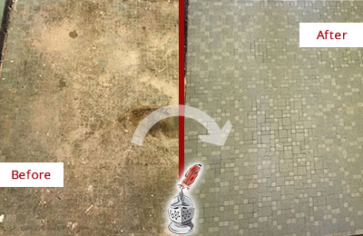 Sir Grout Cleans this Live Oak Preserve Mosaic Shower Cleaned to Eliminate Embedded Dirt Before and After Picture of a Live Oak Preserve Mosaic Shower Cleaned to Eliminate Embedded Dirt