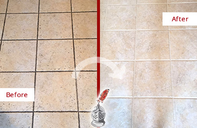 Before and After Picture of a Thonotosassa Ceramic Floor Cleaned to Remove Soil