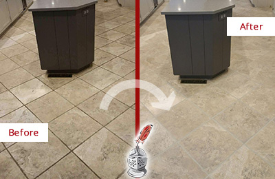 Before and After Picture of a Sun City Center Kitchen Floor Cleaned to Remove Stains